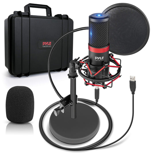 Pyle USB Microphone Podcast Recording Kit - Audio Cardioid Condenser Mic w/Shock Mount Stand & Pop Filter, for Gaming PS4, Streaming, Podcasting