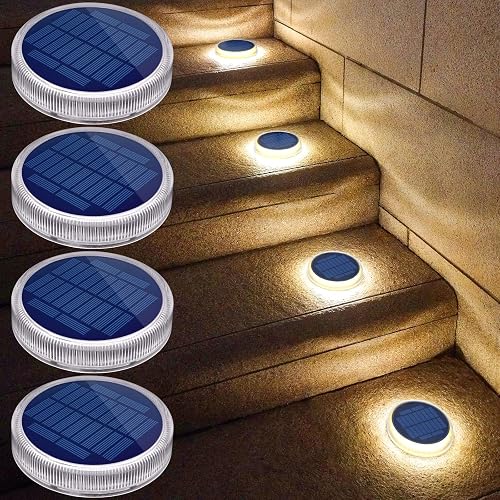 Solar Dock Lights Outdoor Waterproof Stick on Boat Deck Step Stair Driveway Lights Solar Powered for Outside Concrete Flat Disks Patio Ground RV
