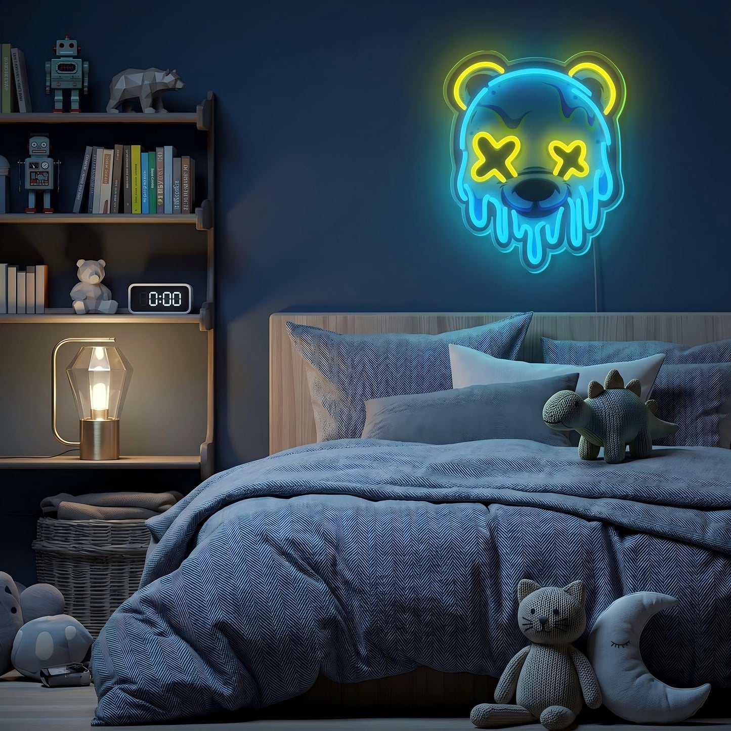 Melting Bear Neon Sign, Cool Yellow & Blue LED Signs for Wall, Dimmable Neon Signs for Wall Decor with Memory Function, Cyberpunk Decor for Gaming