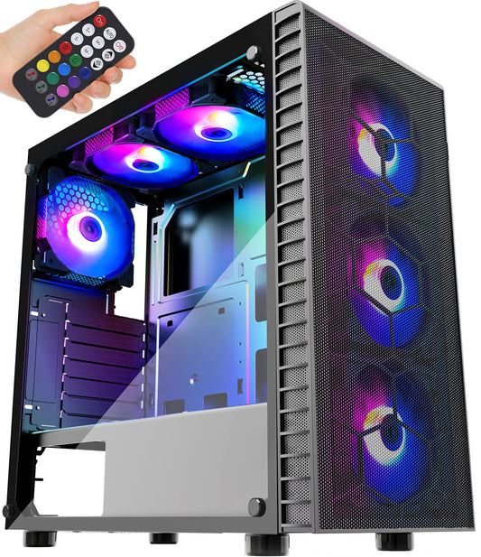 MUSETEX Mesh ATX Mid-Tower Computer Gaming Case with 6 PCS × 120mm LED ARGB Fans USB 3.0 Port Mesh Front Panel & Tempered Glass PC Chassis(G05MN6-HW)