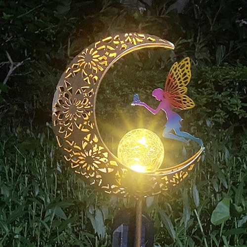 VividLadybug Solar Garden Lights Outdoor Decor, Moon Fairy Crackle Glass Lights, Waterproof LED Landscape Lighting Metal Stake Ornament, for Walkway