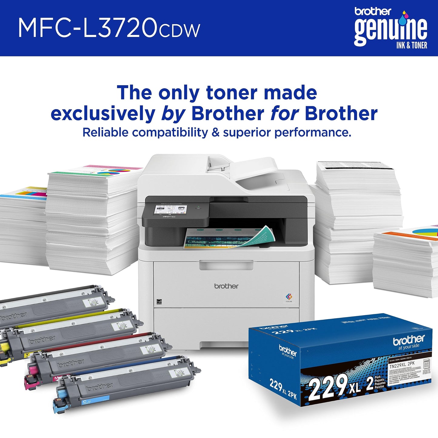 Brother MFC-L3720CDW Wireless Color Laser Printer with Scanner, Copier and Fax | Auto Duplex and 250-Sheet Capacity | Includes Refresh Subscription