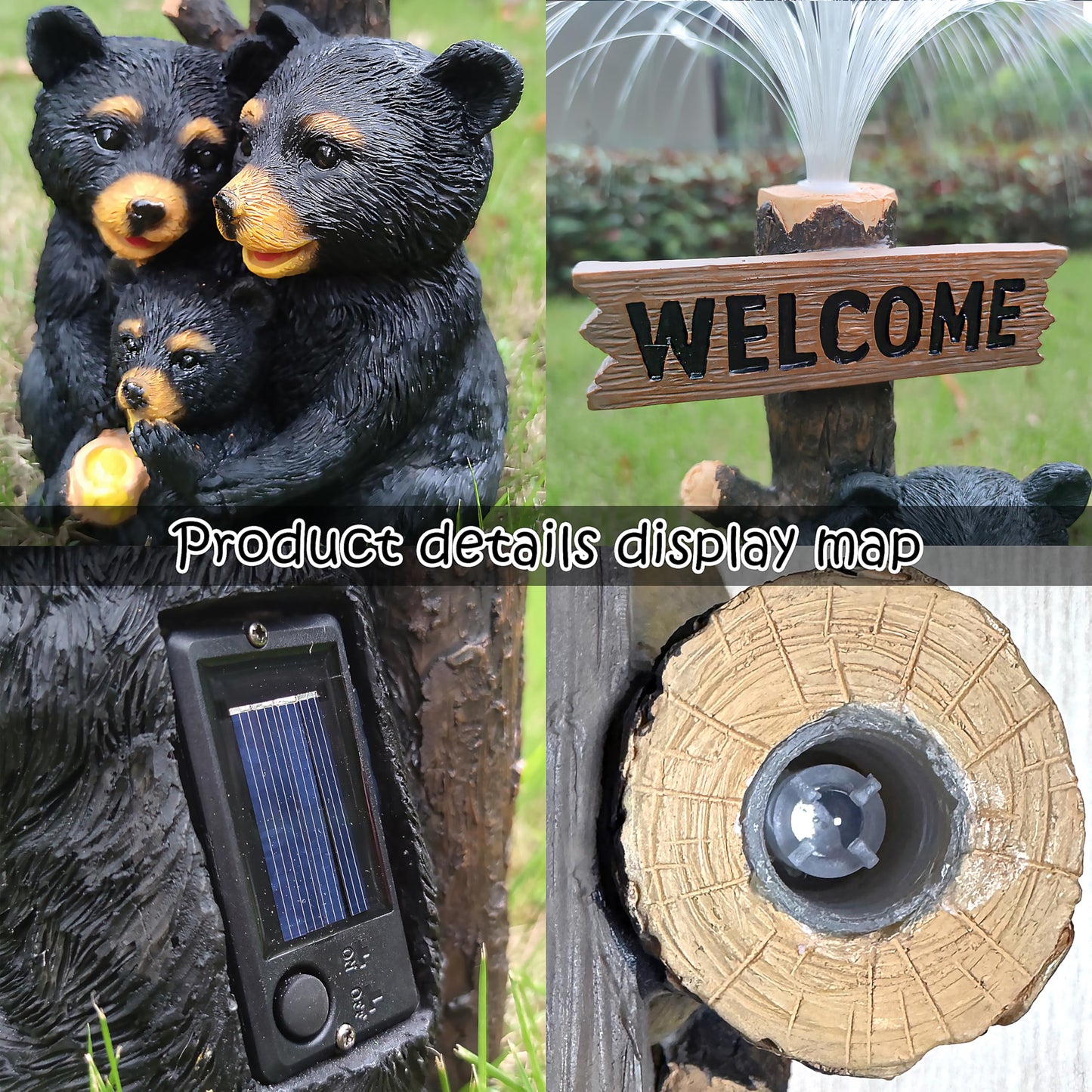 RCTTICUU Solar Bear Garden Statues,Resin Black Bear Family Figurine with Welcome Card and 7-Color Changing Optical Fiber with Solar Lights, Lawn Decor