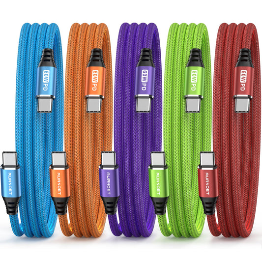 Aurnoet USB C to USB C Cable, 6FT 5-Pack Type C to Type C Charger Cable Fast Charging Cord 60W for iPhone 15/15 Pro/15 Plus/15 Pro Max, Samsung Galaxy