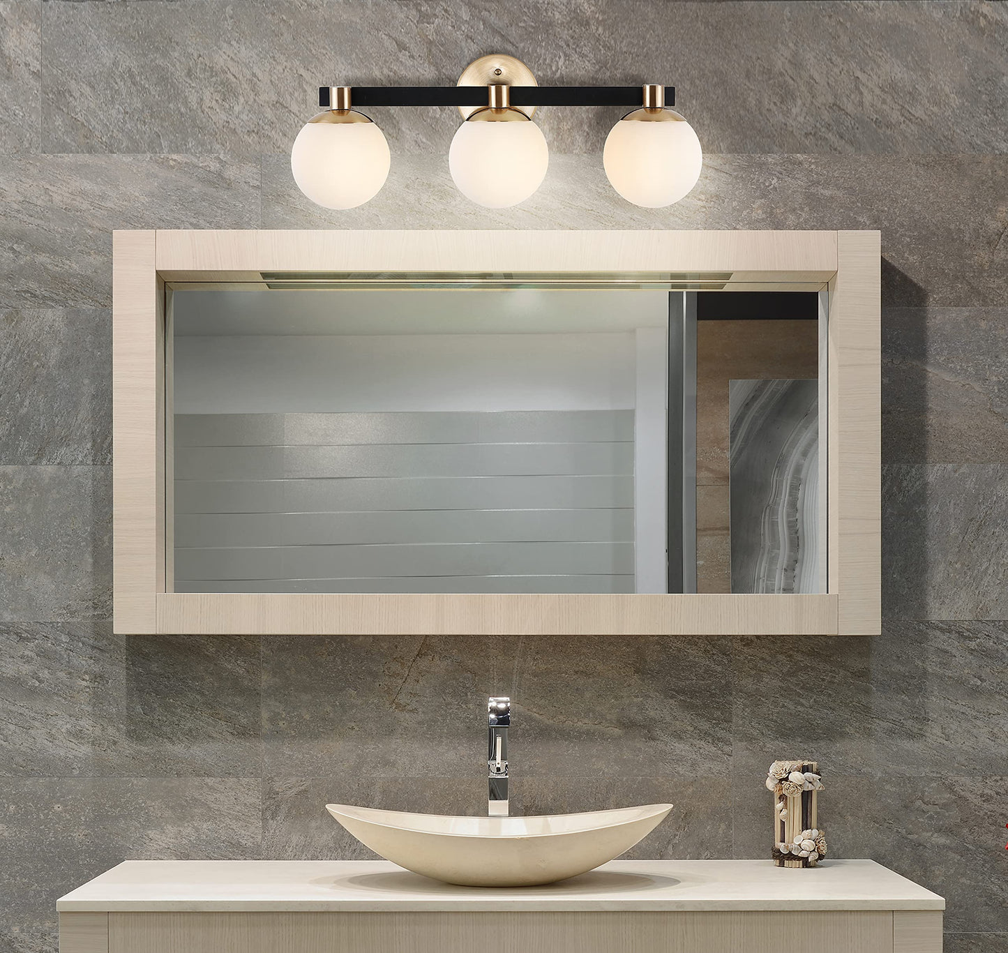 JONATHAN Y 24" Brass Gold/Black Modern Globe LED Vanity Wall Sconce Light, White Frosted Glass Shade, Mid-Century Art Deco Wall Lamp for Bathroom
