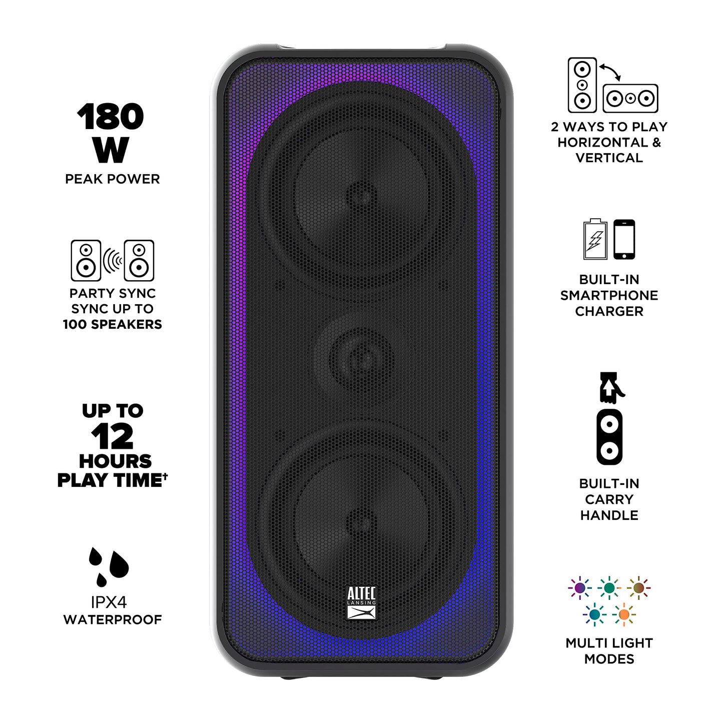 Altec Lansing Shockwave 200 Wireless Party Speaker 180W Bluetooth Speaker with a Long Lasting 12 Hour Battery, Multi LED Party Modes, Multiple bass