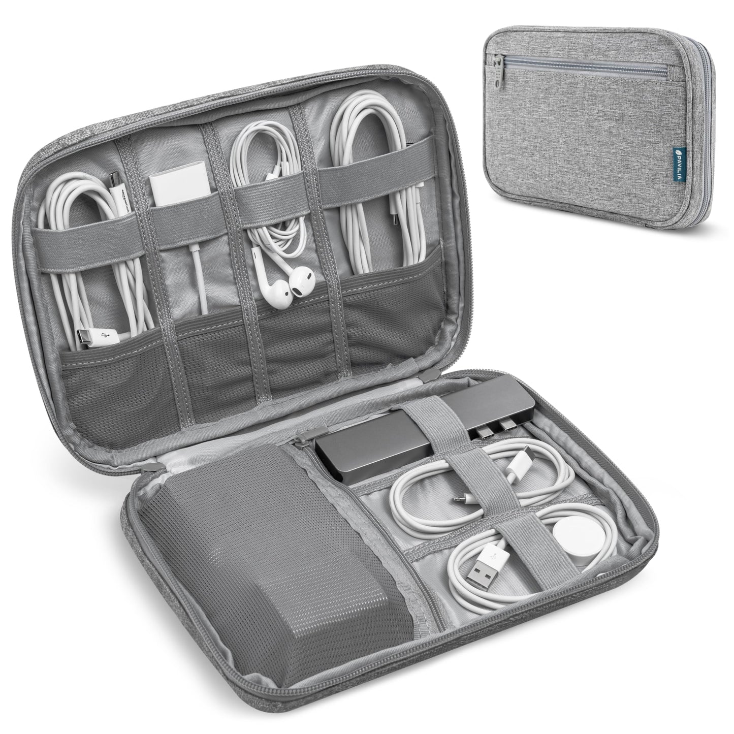 Pavilia Tech Organizer Case - Cable & Charger Storage, Travel Accessories for Men, Gray