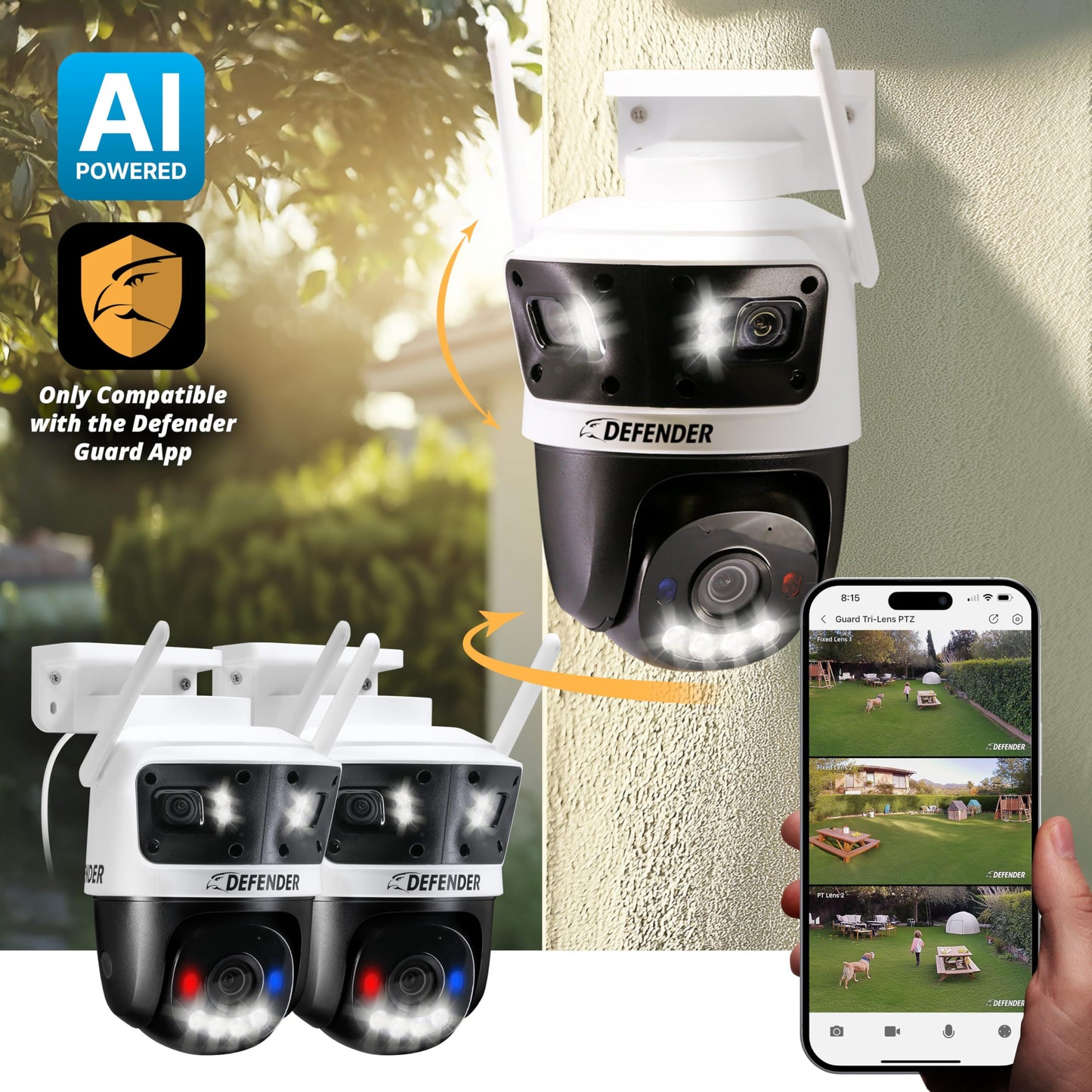 Defender AI Powered 3K+ Guard WiFi Tri-Lens PTZ Plug-in Power Outdoor Security Camera, 3-in-1, 360°, 8X Zoom, Human/Vehicle AI Detection, Blue/Red