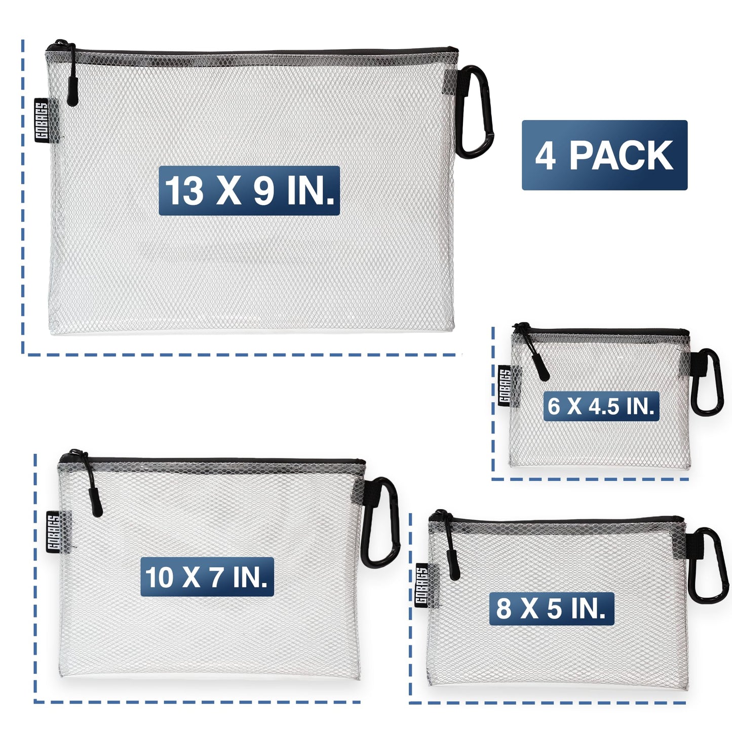 GOBAGS Air Production Multi?Size Clear Zipper Pouch (4?Pack) - Cable Organizer & Travel Gear Bag for Electronics, Camera Accessories, Tool Pouch &