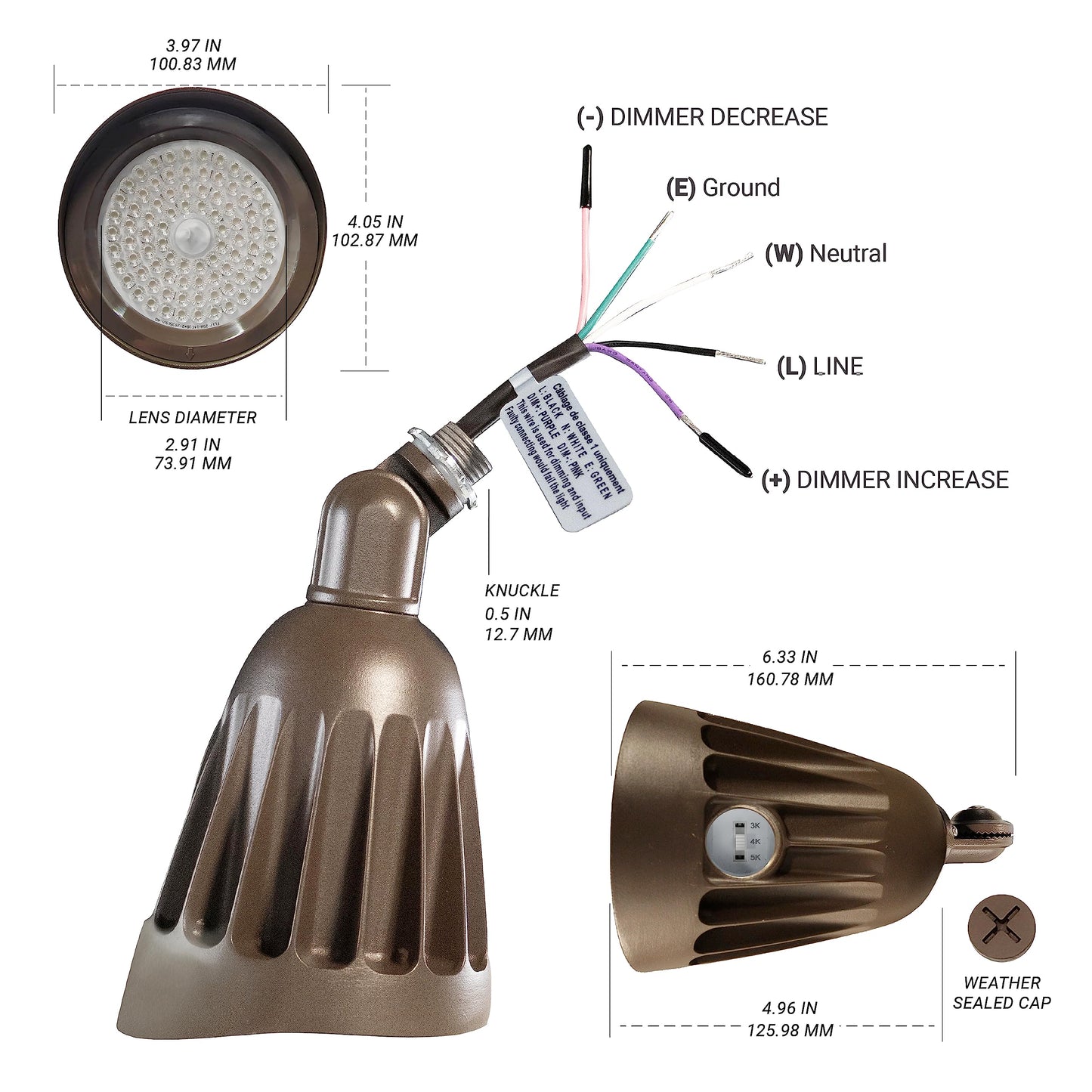 NuWatt 25W Bronze Bullet Spot Light Outdoor LED Landscape Floodlights, 3500 Lumens Bright Outdoor Light for Yard, 3000K/4000K/5000K Selectable, 1/2"