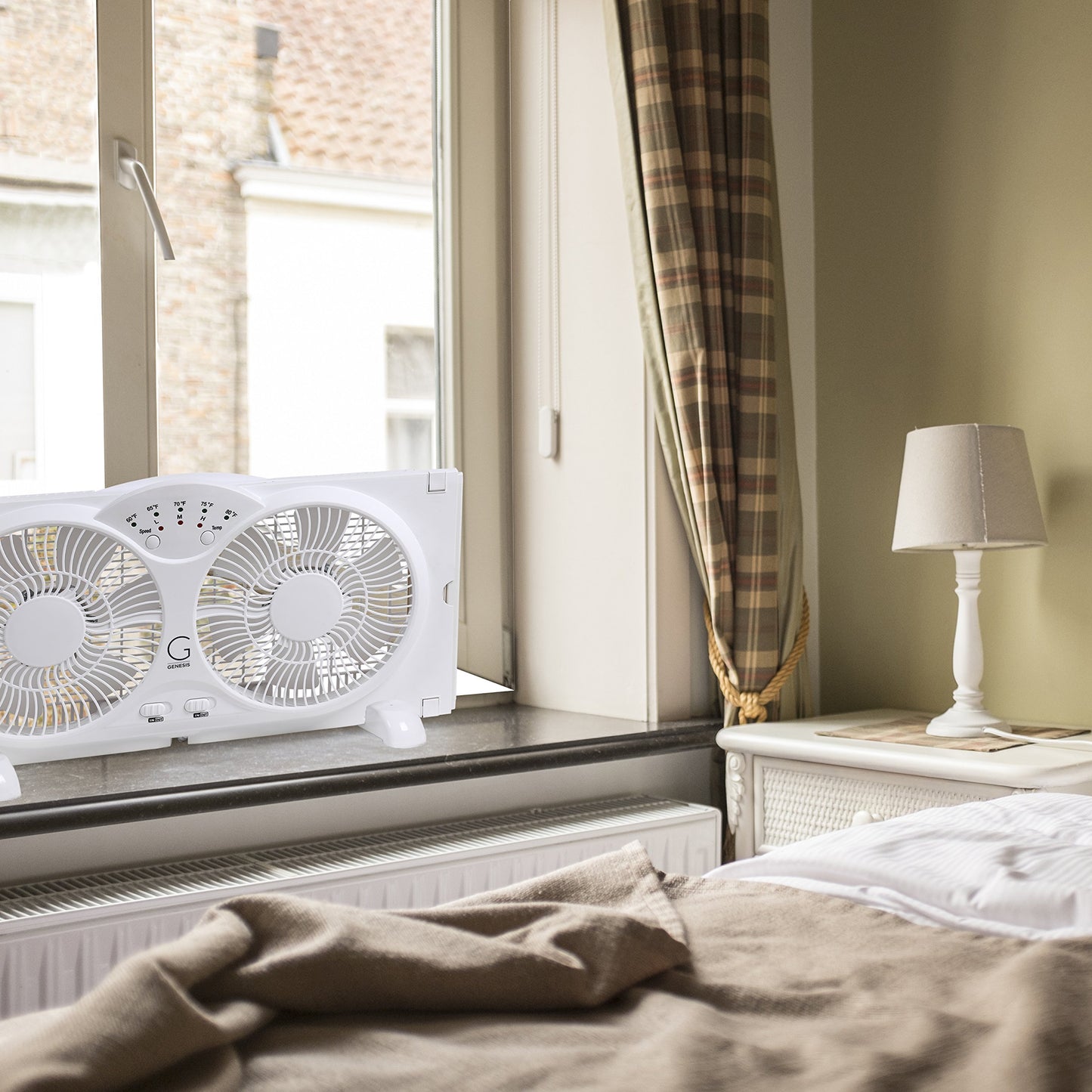 Genesis Twin Fan High Velocity Reversible AirFlow Fan, LED Indicator Lights Adjustable Thermostat & Max Cool Technology, ETL Certified, White