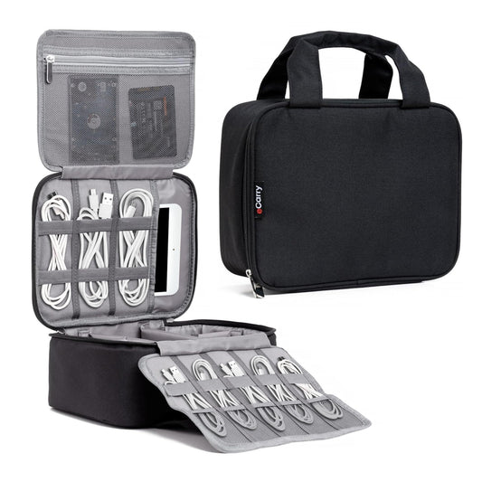 eCarry Electronics Organizer Case - Multi-Layer Full Flat Opening With Compartments and Pockets - Cord Organizer for Accessories, Cables, Electronics