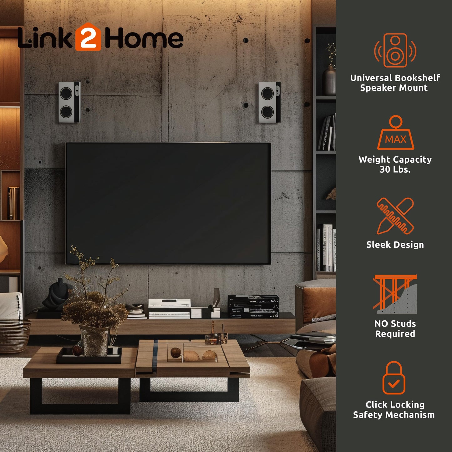 Link2Home Commercial Electric Series Bookshelf Speaker Wall Mounts, No Stud Required, 30 lbs. Weight Capacity, Black Aluminum, Set of 2 Mounts