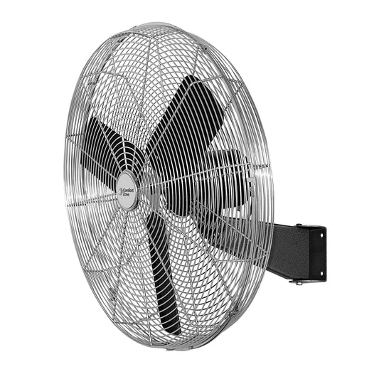 Comfort Zone Oscillating High Velocity Industrial Wall Fan, 30 inch, 2 Speed, All Metal, Adjustable Angle & Tilt, Steel Mounting Bracket, Aluminum