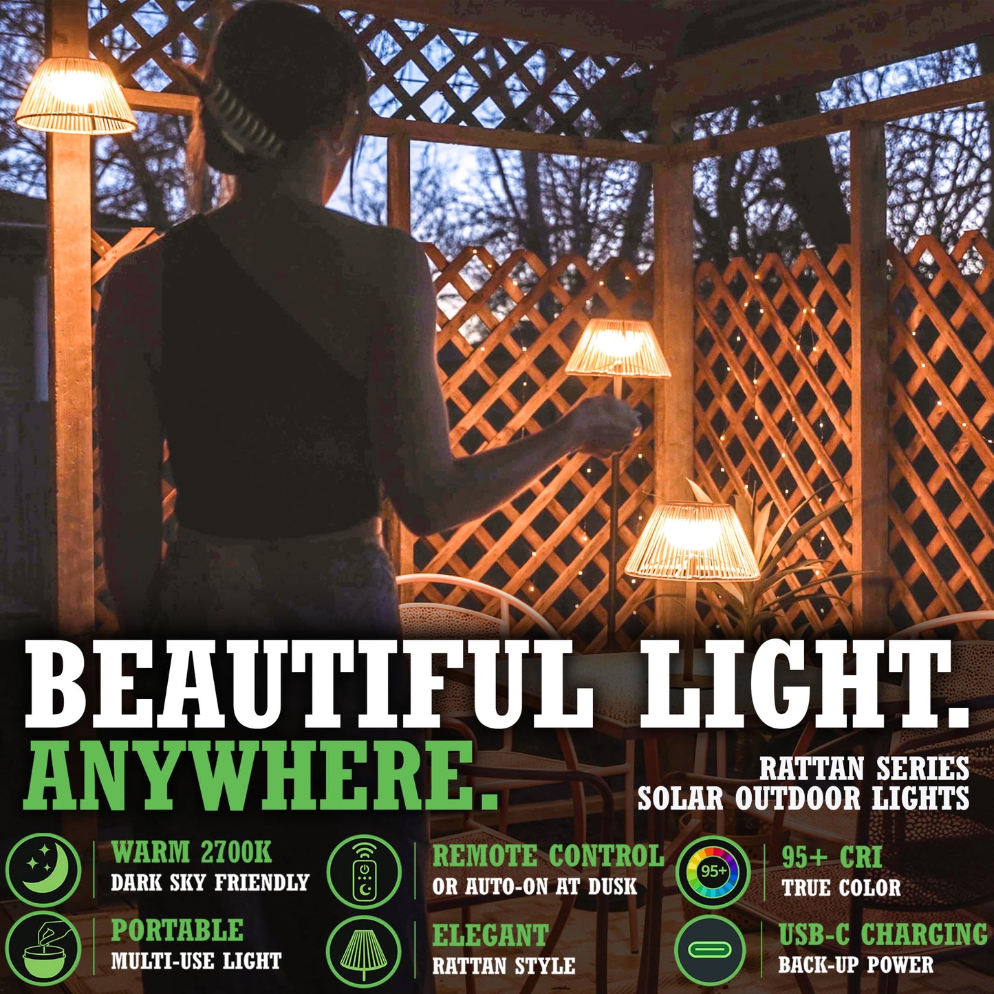 VerLuce - Rattan Series Solar Wall Lamps - Remote Control Included - Dimmable & Timer Modes - Rechargeable Battery Lasts Up to 45 Hours - 2700K - IP44