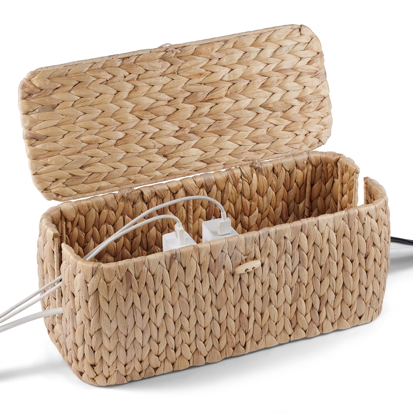 BLUEWEST Cable Management Box, Water Hyacinth Organizer Box, Durable Rattan Cable Organizer with Dual Open Slots for Desk, TV, or Office Cords, Stores