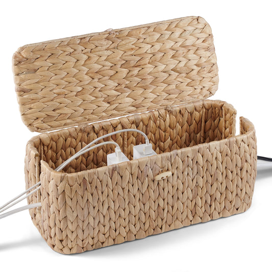 BLUEWEST Cable Management Box, Water Hyacinth Organizer Box, Durable Rattan Cable Organizer with Dual Open Slots for Desk, TV, or Office Cords, Stores