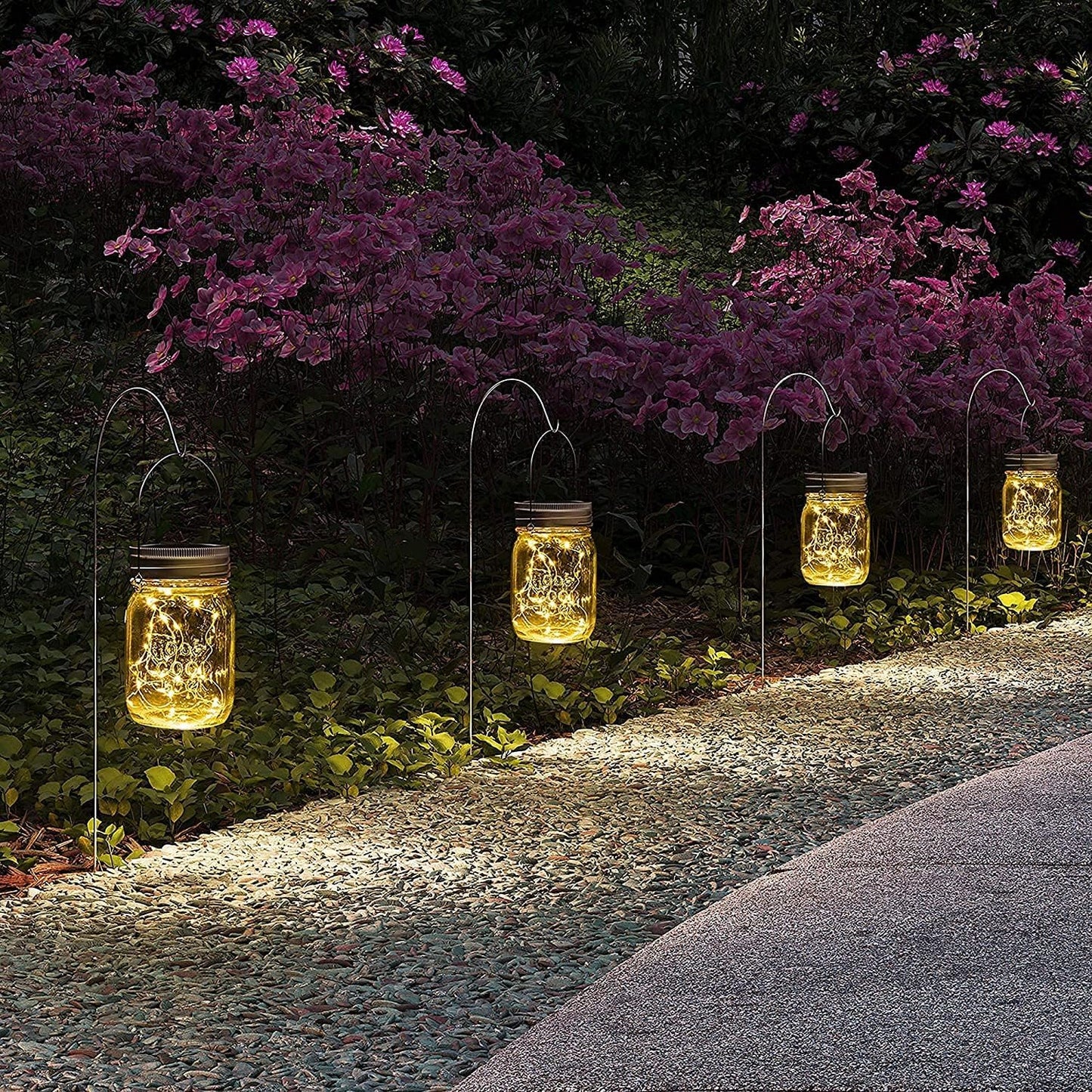 GIGALUMI Hanging Mason Jar Solar Lights, 6 Pack 30 Led Hanging Solar Lanterns Outdoor Waterproof, Hangers and Jars Included, Outdoor Decor