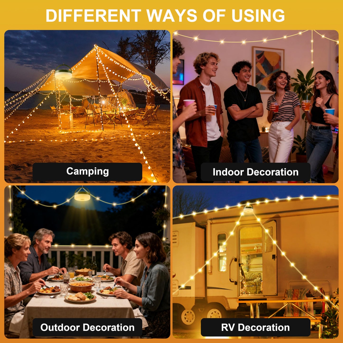 Camping String Lights, 4 in 1 Quick Storage 33FT Rechargeable Tent Lights with 14 Lighting Modes, Hanging Waterproof Portable Retractable LED Lamp