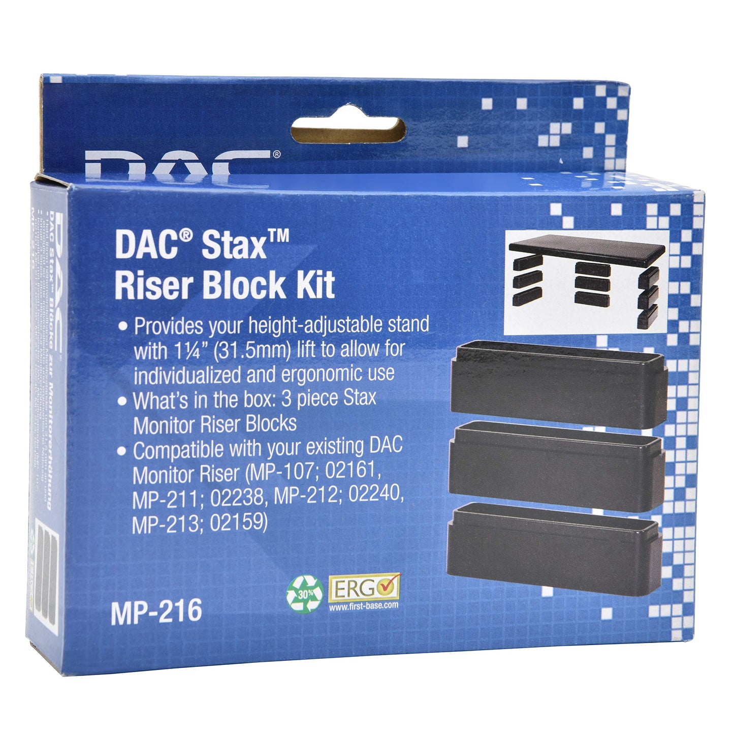DAC Stax Leg Block Kit for Height-Adjustable Rectangular Monitor Stand, 3-Piece, Raise Monitor Riser by 1-1/4"