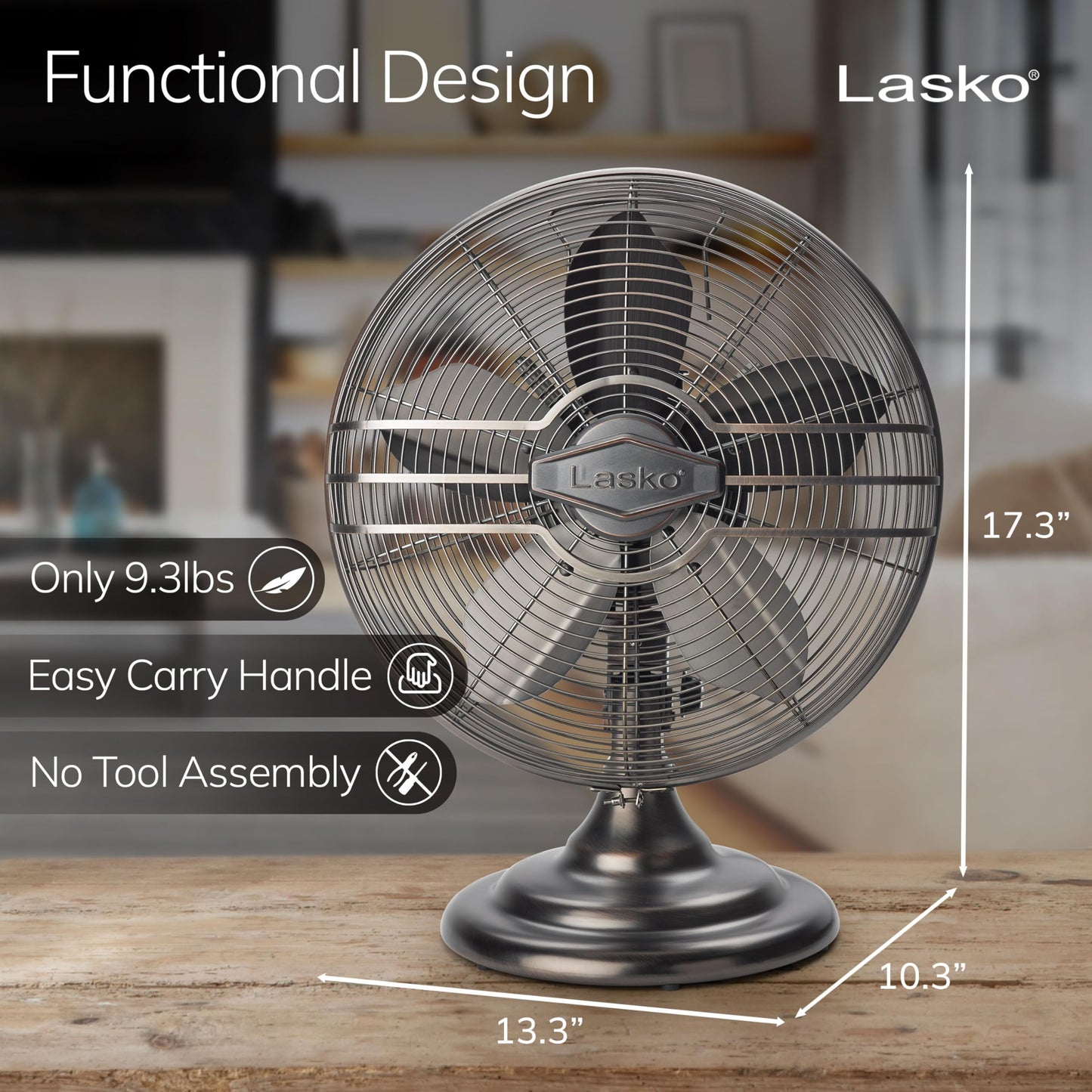 Lasko Oscillating Table Top Fan, Portable, 3 Quiet Speeds, for Bedroom, Kitchen and Office, 17", Bronze, R12210