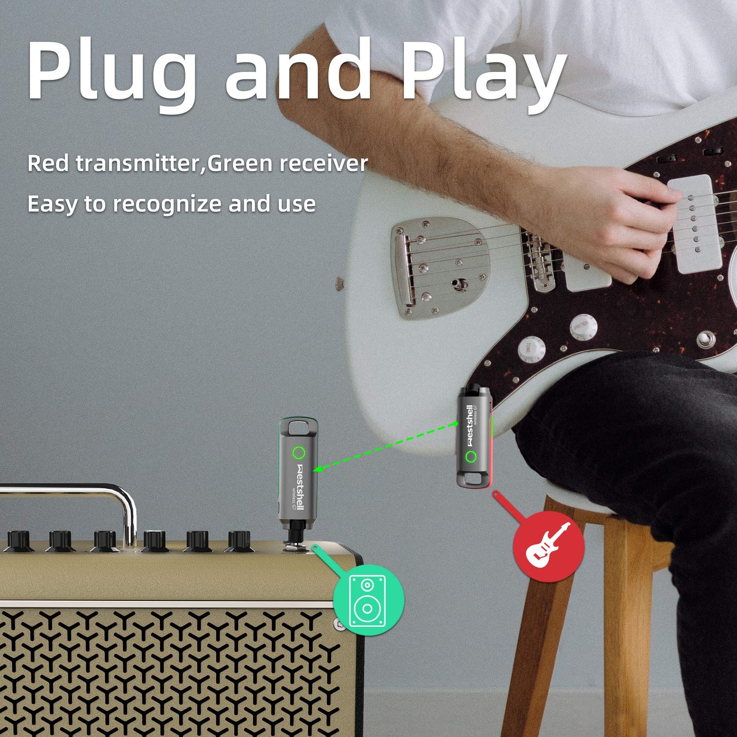 Wireless Guitar Transmitter Receiver, 1 Key to Switch Wireless Guitar System, Supports 10-channel Transmission and Perfectly Compatible with Guitar