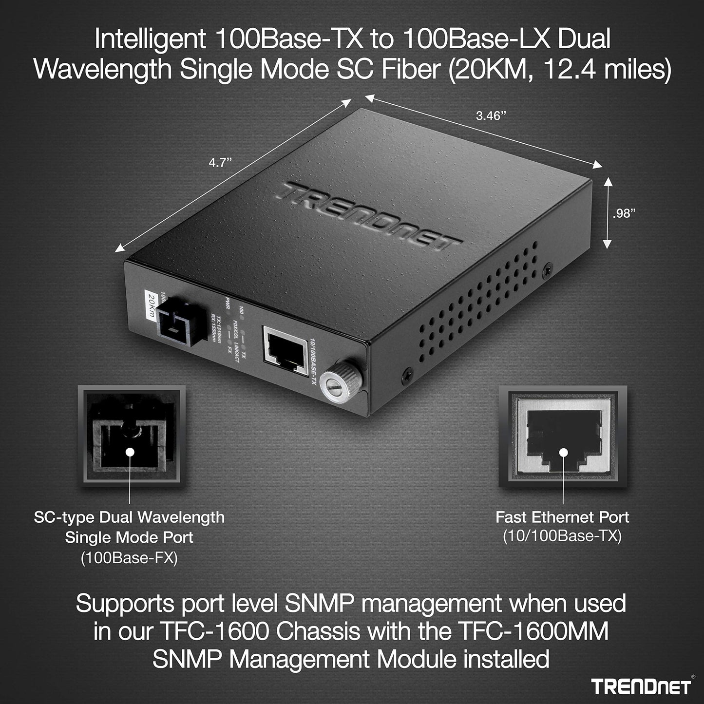 TRENDnet Intelligent 100Base-TX to 100Base-FX Dual Wavelength Single Mode SC Fiber Media Converter (20 km/12.4 Miles),Fiber Port, RJ-45, Fiber
