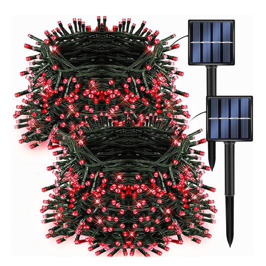 Dazzle Bright 2 Pack Total 400LED 132FT Red Christmas Solar String Outdoor Lights, Solar Powered with 8 Modes Waterproof Fairy Lights for Bedroom