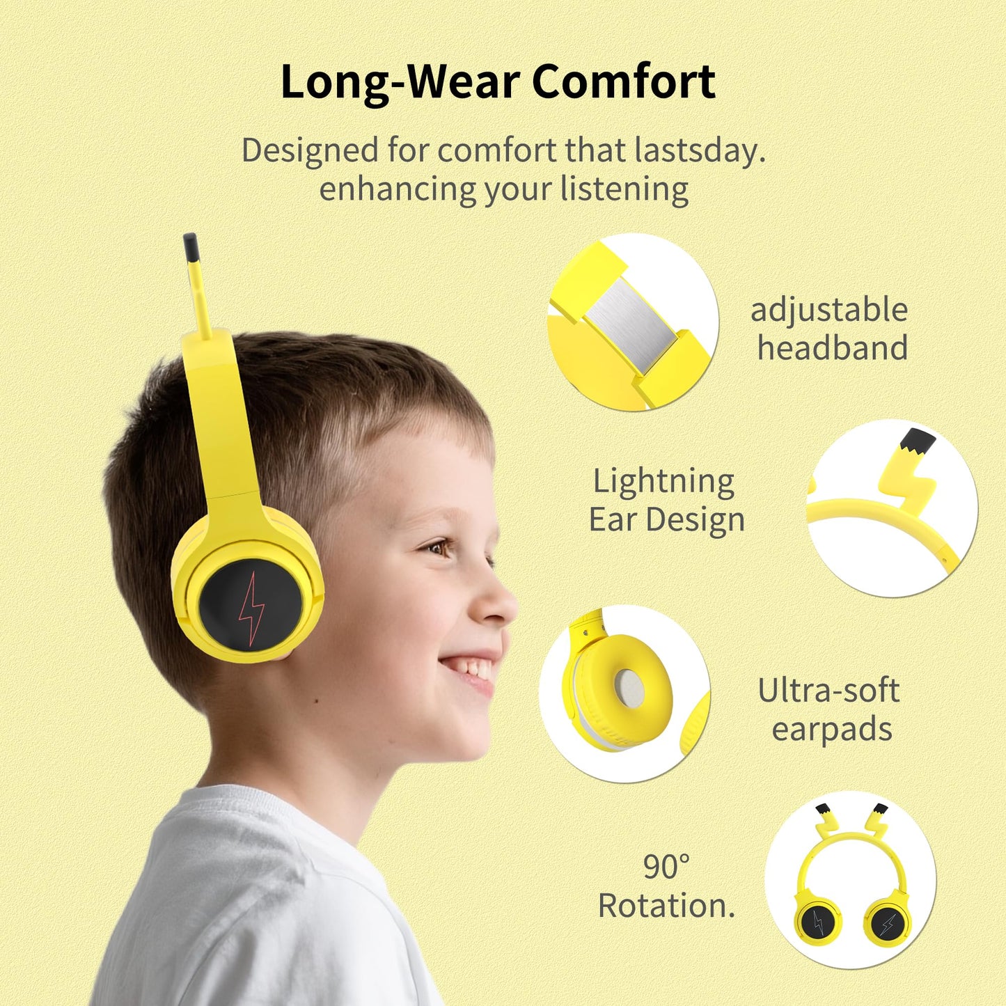 YLFASHION Wireless Kids Headphones with 7-Color LED Lights, 85dB Safe Volume & 40H Playtime - Ultra-Soft Over-Ear for School Travel
