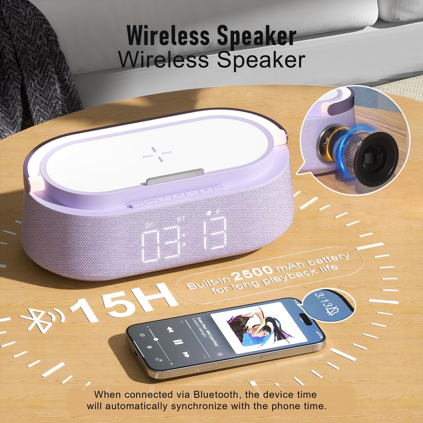 FREEFISH Bluetooth Speaker with Wireless Charger, FM Radio, Dimmer Night Light, Phone Holder, Wireless Charging Speakers for iPhone Samsung, Bedrooms