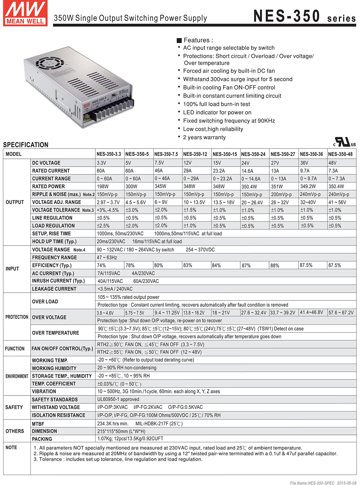 Mean Well Original NES-350-12 Single Output Switching Power Supply 12V 29A 350W
