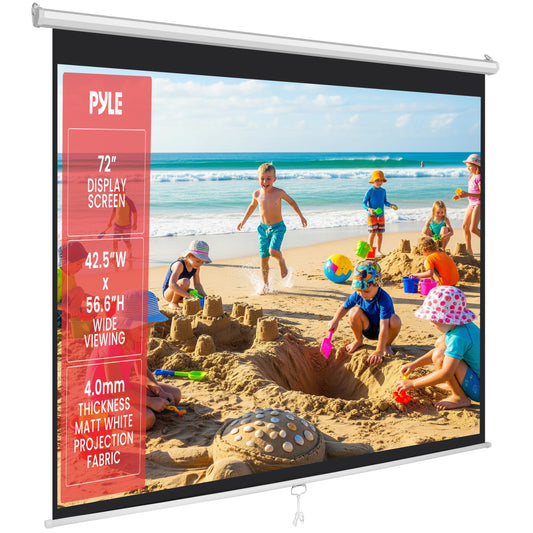 Pyle 72-Inch Manual Pull Down Projector Screen, Matte White Projection Surface, Ceiling or Wall Mount Screen Projector with Auto-Lock & Black Border