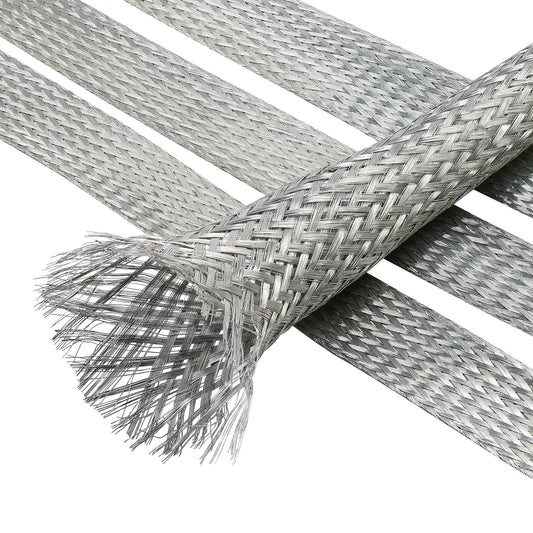 FOURUB Cable Shielding Sleeve Tinned Copper Braided Sleeving Flexible Expandable Metal Ground Straps Wire Harness Protector (1/2"-18ft, Silver)