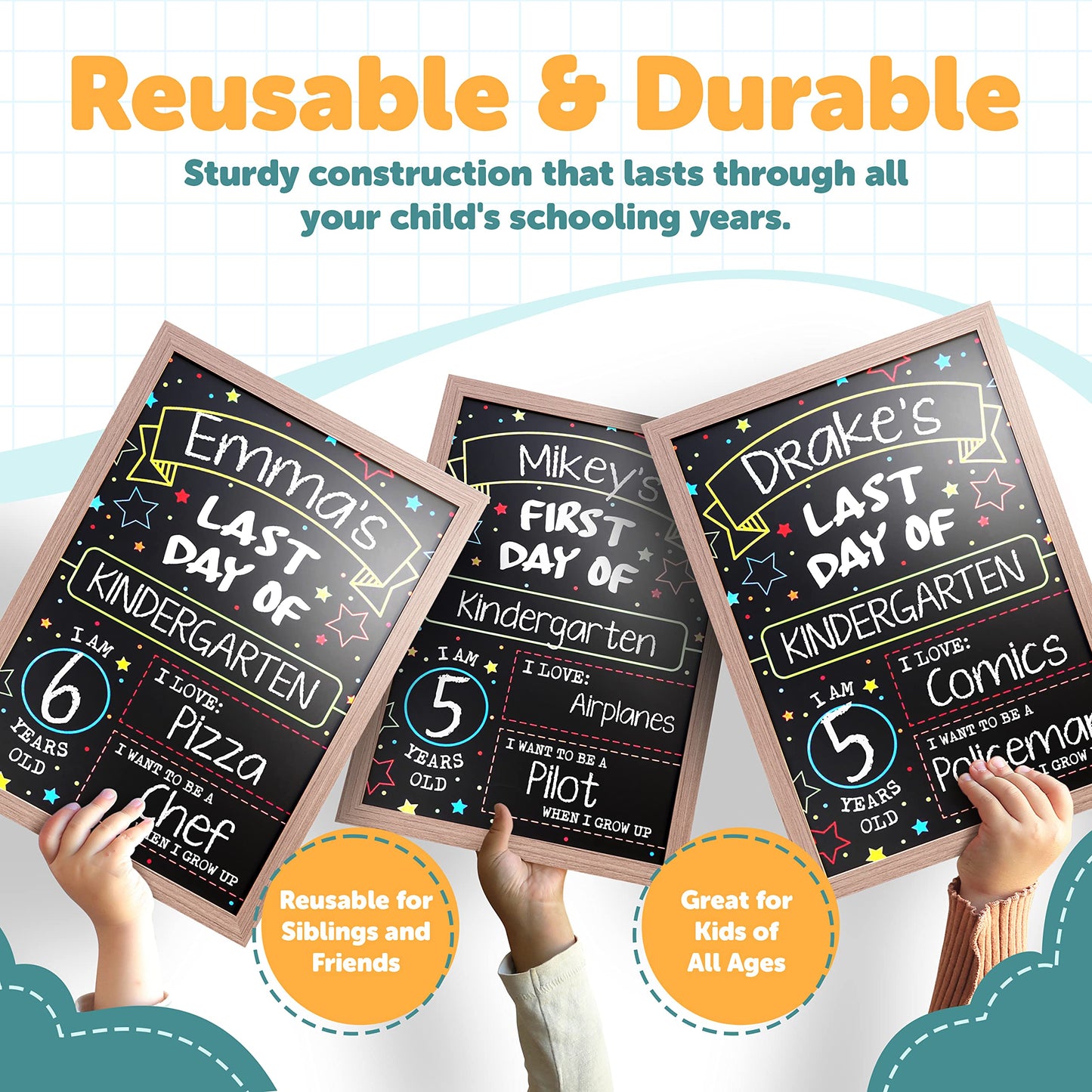 First Day Last Day of School Double Sided Sign with Frame (Reusable Dry Erase Board for Liquid Chalk Markers - 9.17" x 13.27")
