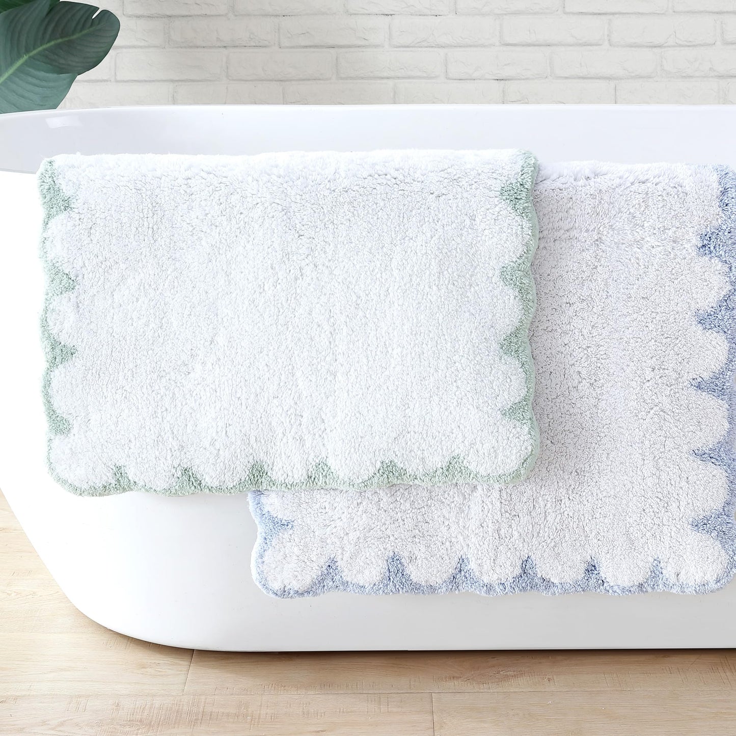 Peri Home Scalloped Bath Rug - Soft & Absorbent 100% Cotton Tufted Bath Mat, 20" x 30", White with Sage Scallop