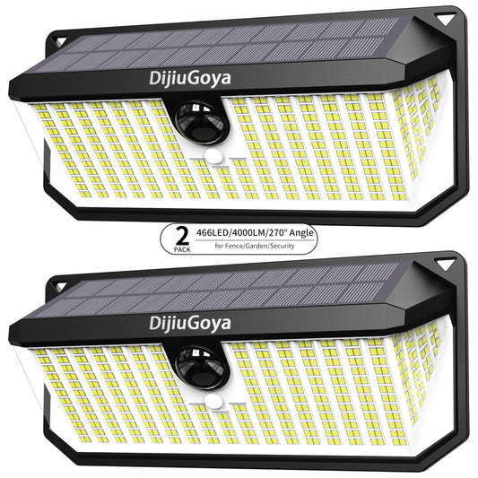 DijiuGoya Solar Security Lights Outdoor, 466 LED 4000Lm Ultra Bright, 270° Wide Motion Sensor, IP68 Waterproof, 3 Modes Dusk-to-Dawn Solar Flood Light
