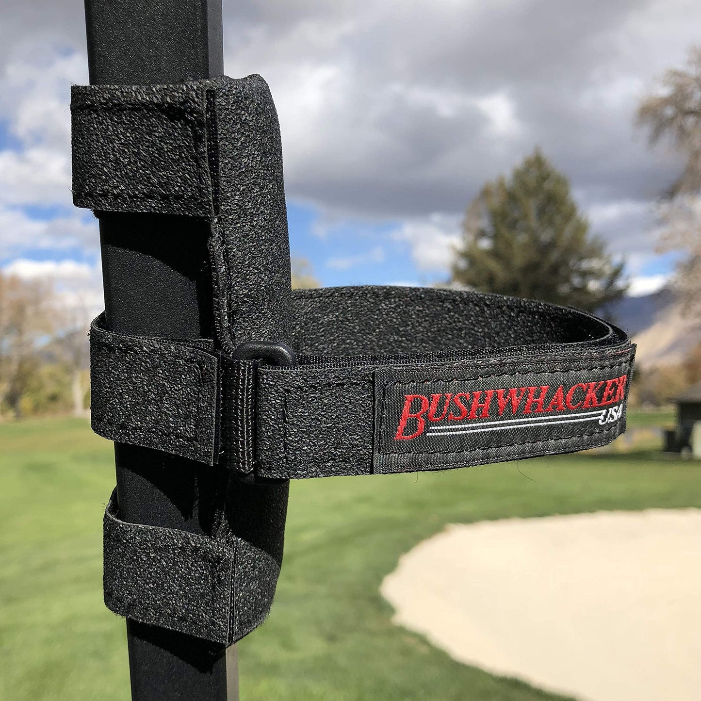 Bushwhacker Portable Mount for Bluetooth Speakers on Golf Cart Railing - Adjustable Non-Slip Strap Holder for Bike Frames Scooters Boats Strollers