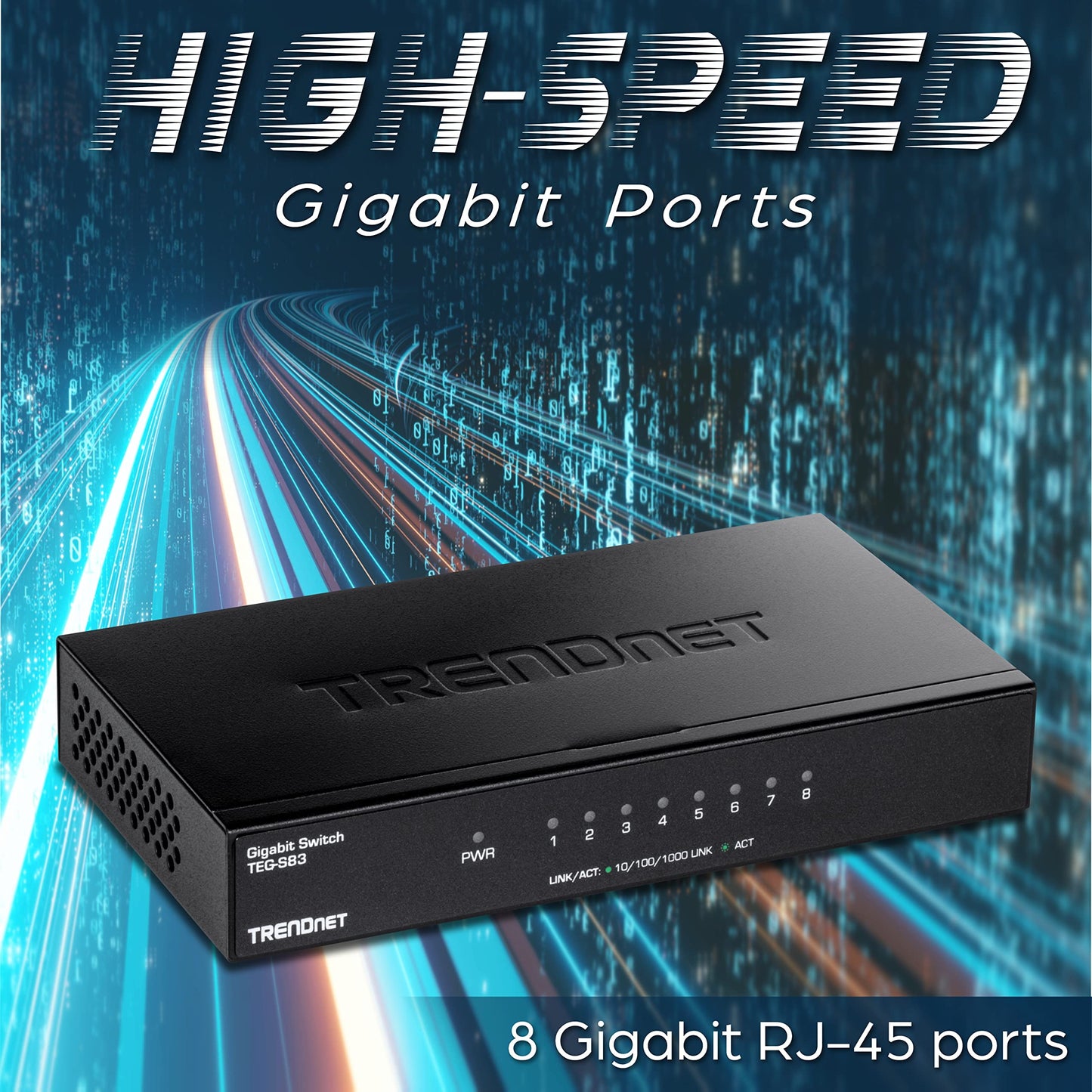 TRENDnet 8-Port Gigabit Desktop Switch, TEG-S83, 8 x Gigabit RJ-45 Ports, Ethernet Splitter, 16Gbps Switching Capacity, Fanless Design, Metal