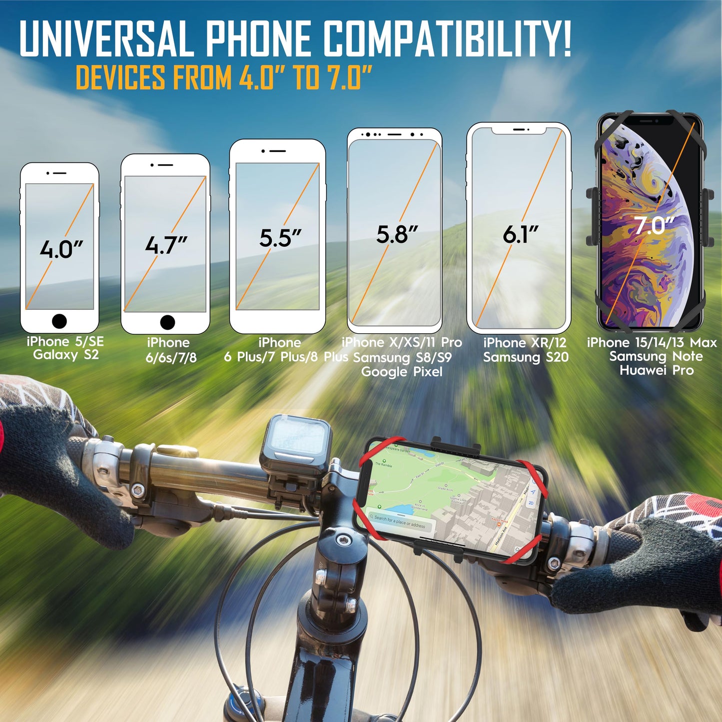 TruActive Premium Bike Phone Mount Holder | Universal Cell Phone Mount for 4"-7" Phones | Includes 6 Reusable Color Bands | Tool Free Handlebar Mount