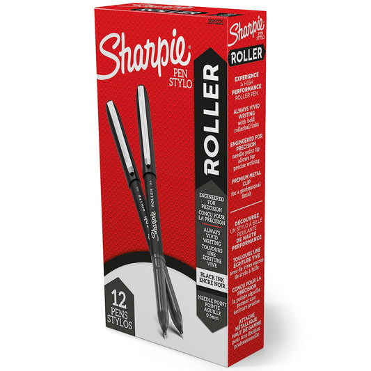 Sharpie Needle Point Rollerball Pens, 0.5mm, Black Ink, 12 Count - Stationary, Writing, Bullet Journaling, Office Supplies