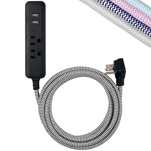 Cordinate Designer USB Charging Station Extension Cord, Power Strip Surge Protector, 2 Outlets, 2 USB Ports, Extra Long 10 ft Cable with Flat Plug