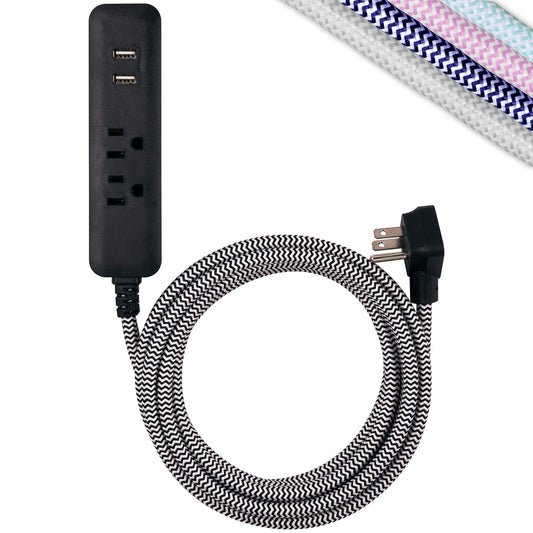 Cordinate Designer USB Charging Station Extension Cord, Power Strip Surge Protector, 2 Outlets, 2 USB Ports, Extra Long 10 ft Cable with Flat Plug
