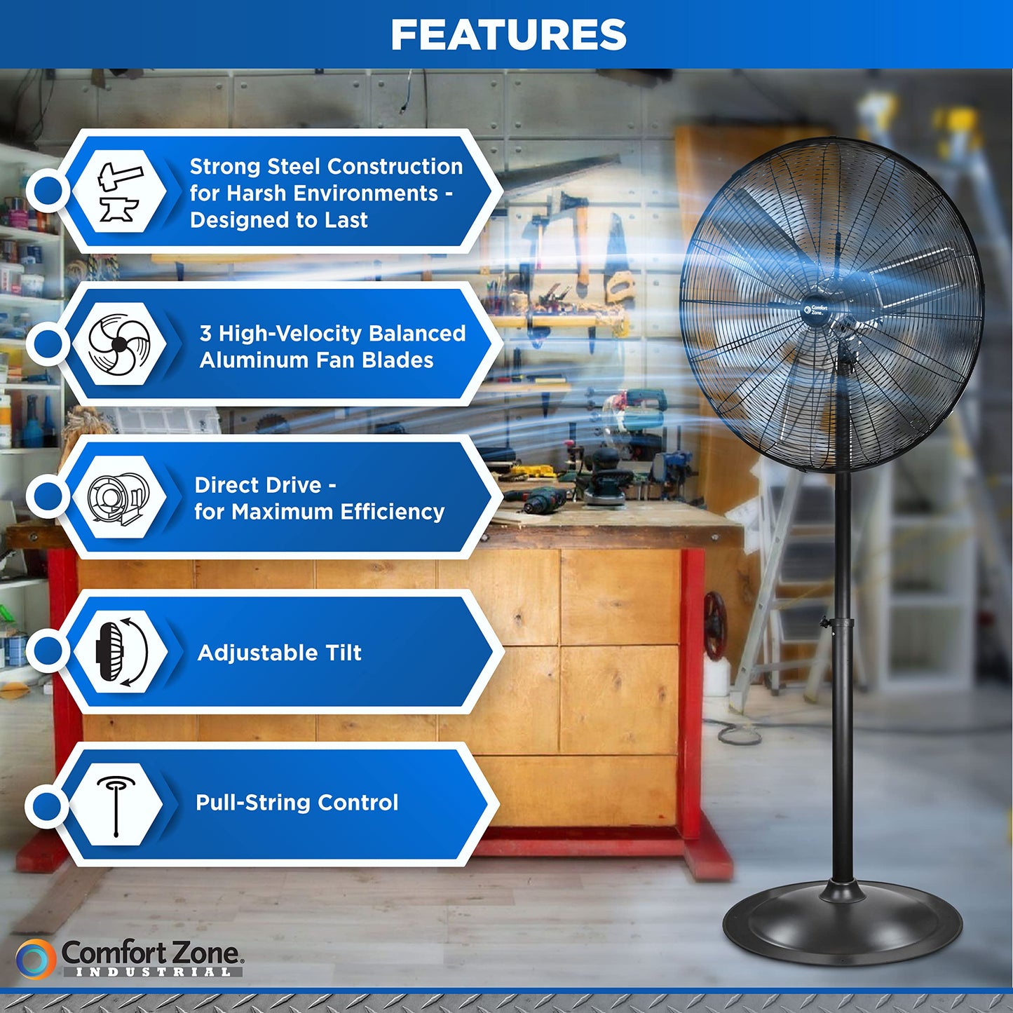Comfort Zone Industrial Pedestal Fan, 30 inch, 3 Speed, High Velocity, Adjustable Height 56” to 76”, Metal, Meets OSHA Standards, Airflow 36 ft/sec