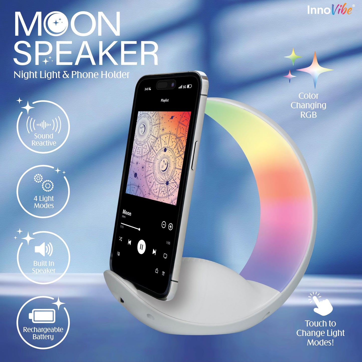 InnoVibe Moon Shape Bluetooth Speaker with Night Light, Portable Wireless Speaker with Dimmable LED, Phone Holder & Type-C Charging, Tech Gadgets
