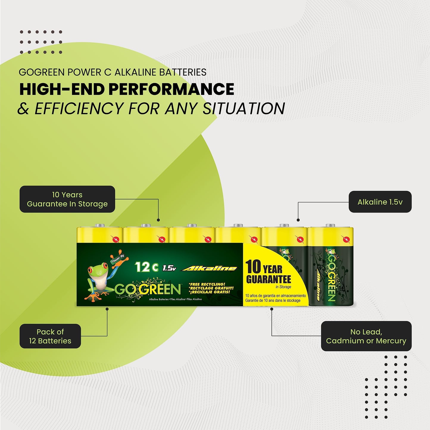 GoGreen Power (24013) Eco Friendly Alkaline C Batteries - No Lead, Cadmium or Mercury - Pack of 12