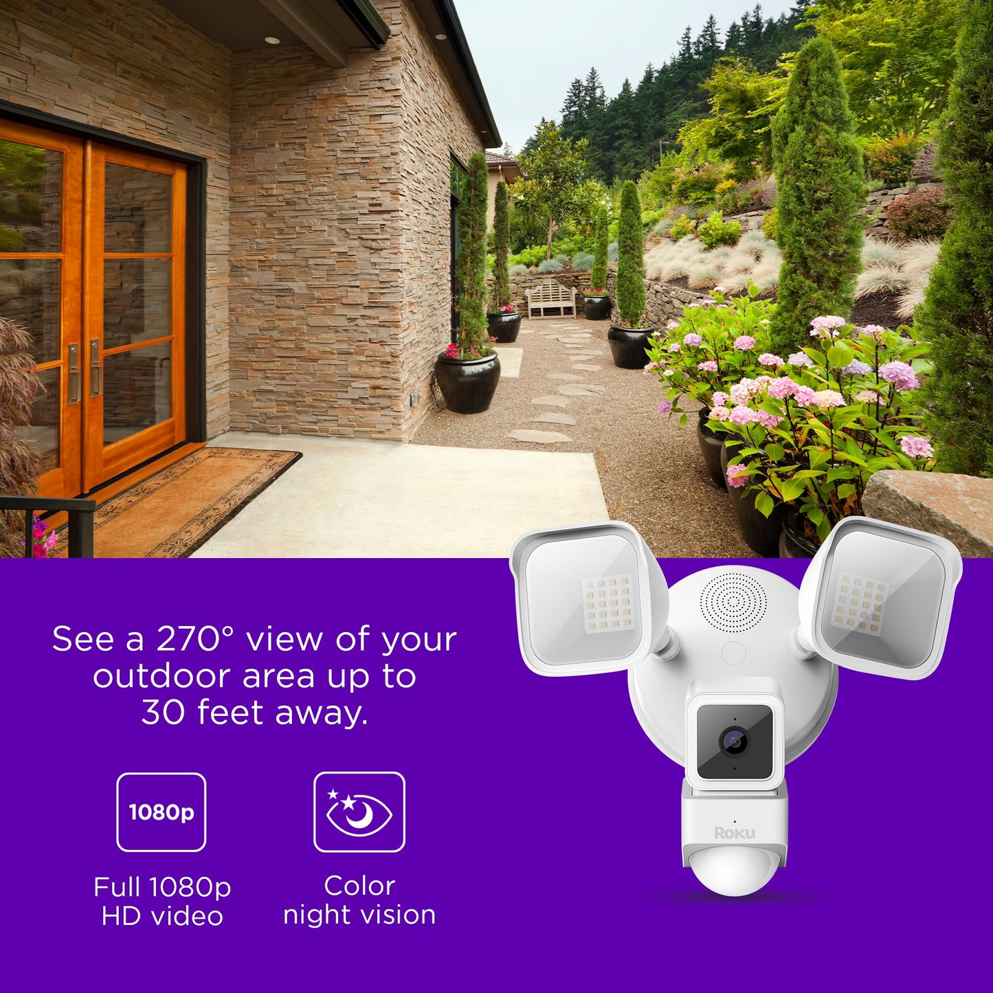 Roku Floodlight Camera for Home Security, Wired Outdoor 1080p HD Security Cam with 270° Night Vision, Dimmable Floodlights, Motion & Sound Detection