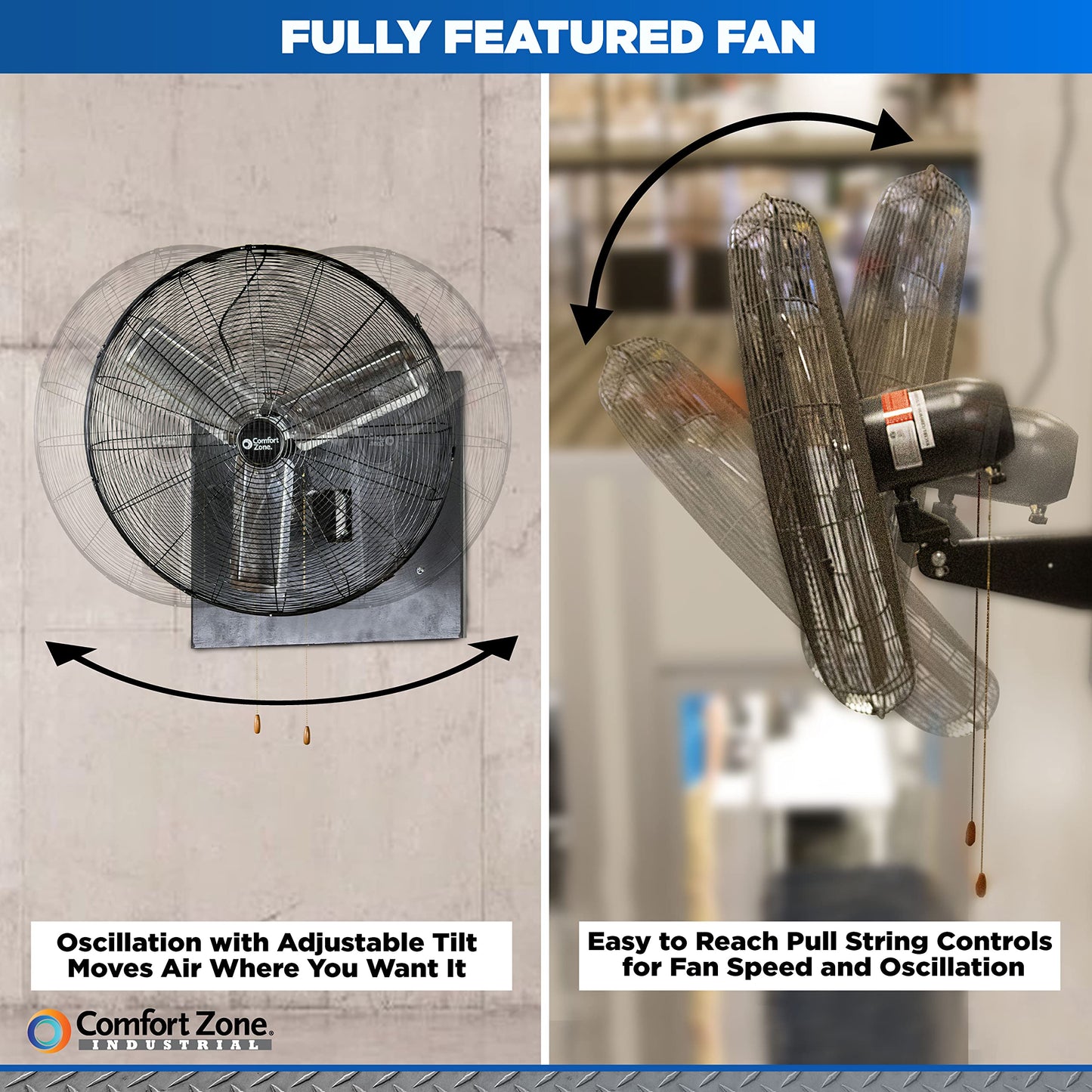 Comfort Zone Oscillating High Velocity Industrial Wall Fan, 30 inch, 2 Speed, All Metal, Adjustable Angle & Tilt, Steel Mounting Bracket, Aluminum