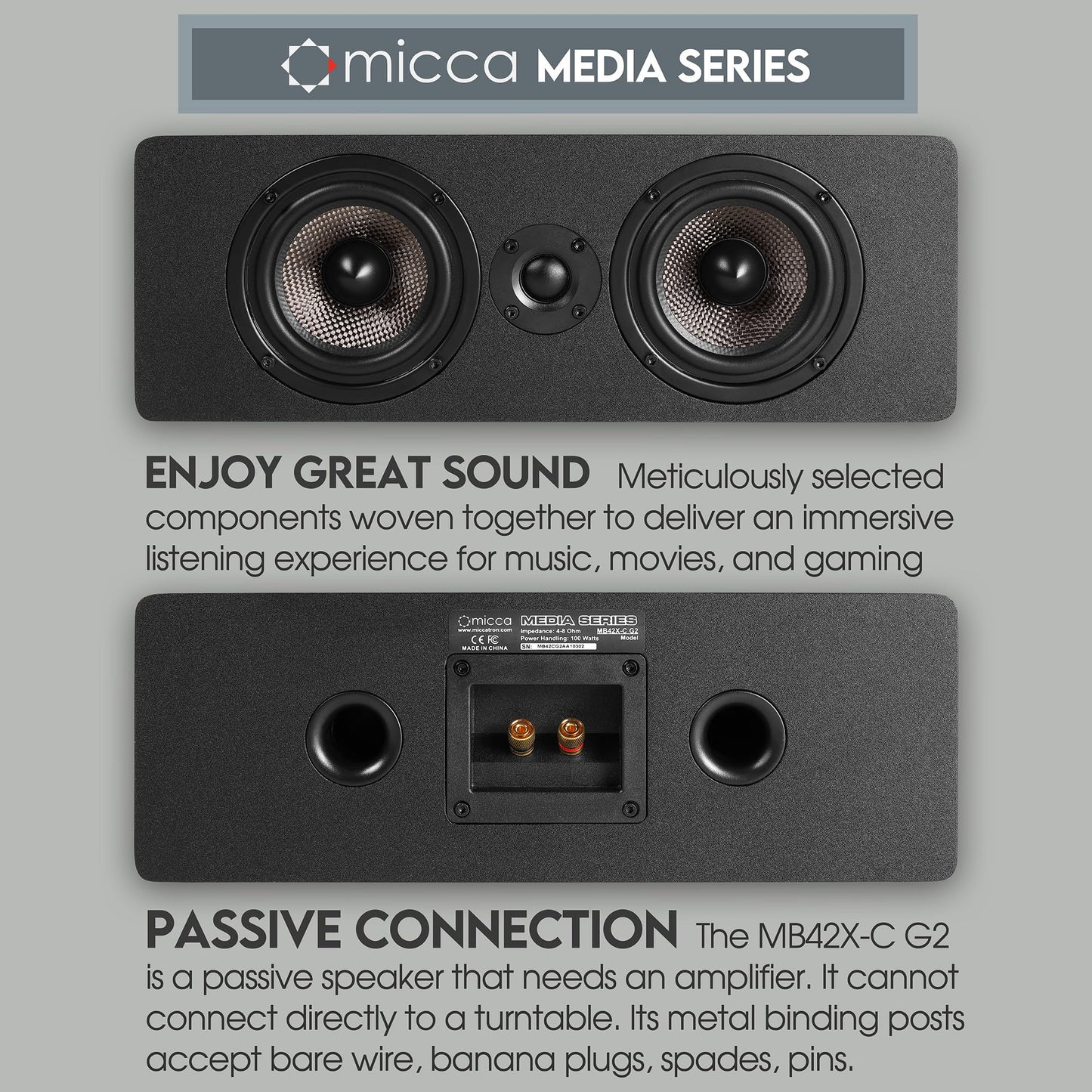 Micca MB42X-C G2 Center Channel Speaker for Home Theater Surround Sound, 2-Way Passive Speaker (Black, Each)