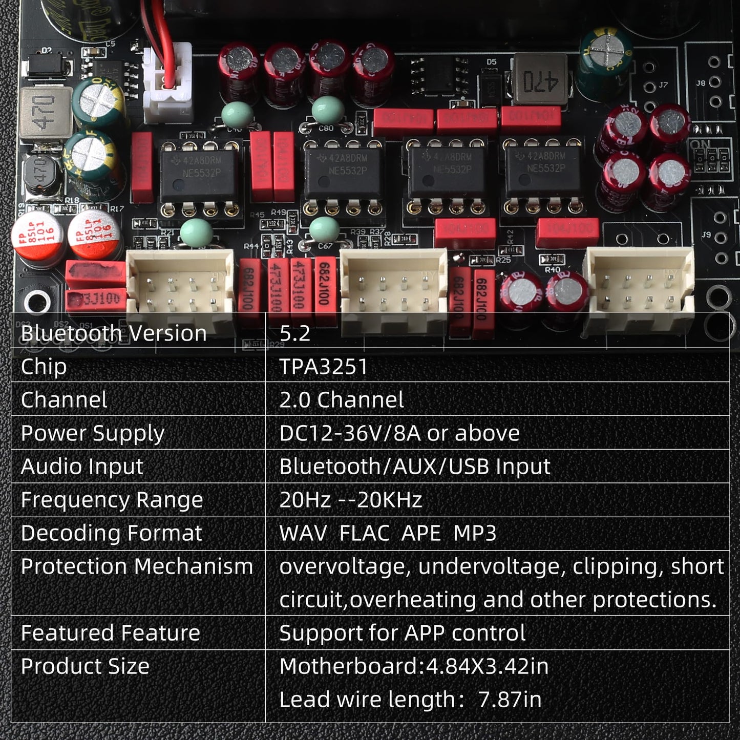 T220HS-W Power Amplifier Board 2.0 Channel 220W×2 with Treble and Bass, 12V-36V Audio Power Amplifier Module with Front Panel