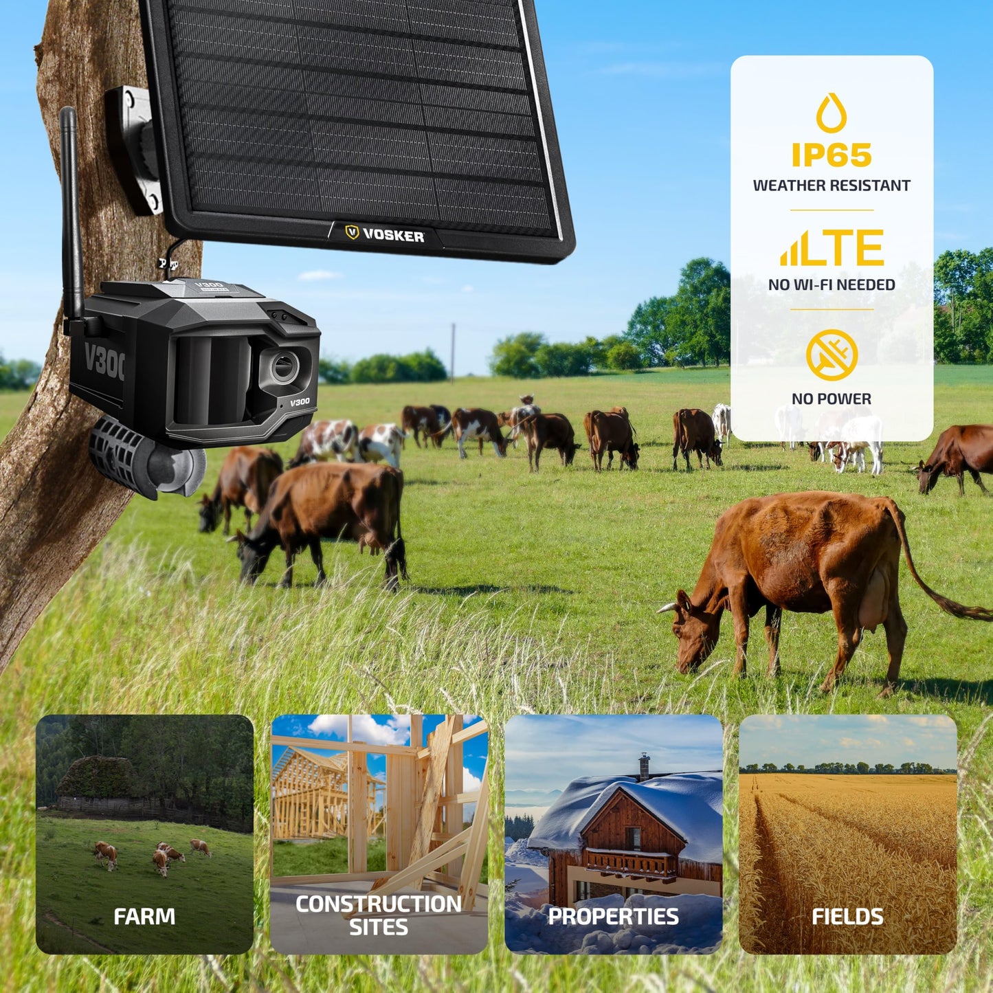 Vosker V300 Ultimate Farmers Pack Outdoor Security Camera with External Solar Panel for Farms Pastures and Greenhouses 4G LTE Black Single Unit